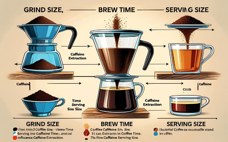 A graphic illustration showing different coffee cups with varying levels of caffeine.