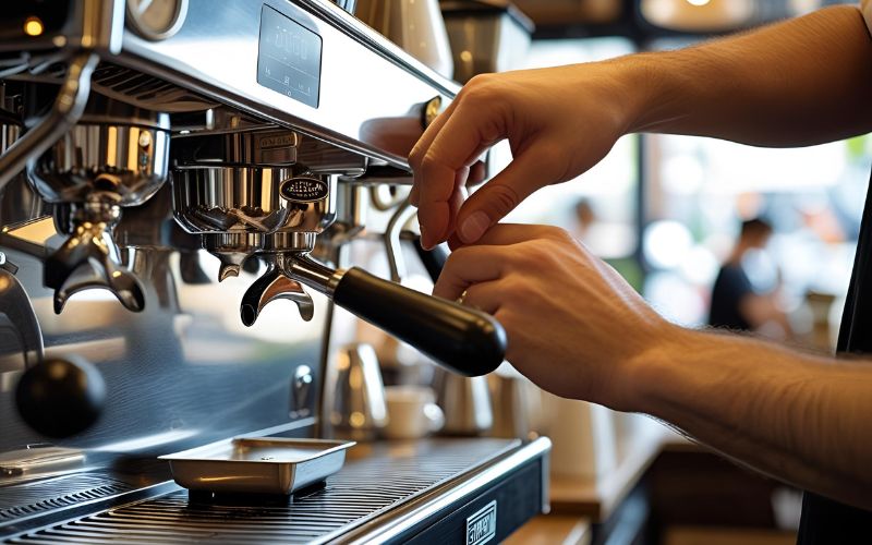 A close-up of a portafilter being filled with coffee grounds, with a digital scale underneath.