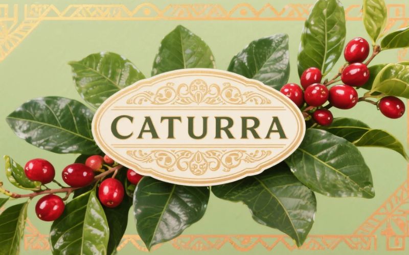 A dense row of compact Caturra coffee plants, heavy with ripe red cherries.